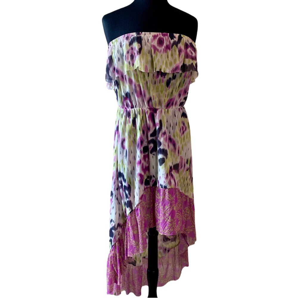 LILKA Dress Strapless Mesh Large Cream Purple Gray Hi-Low ANTHROPOLOGIE